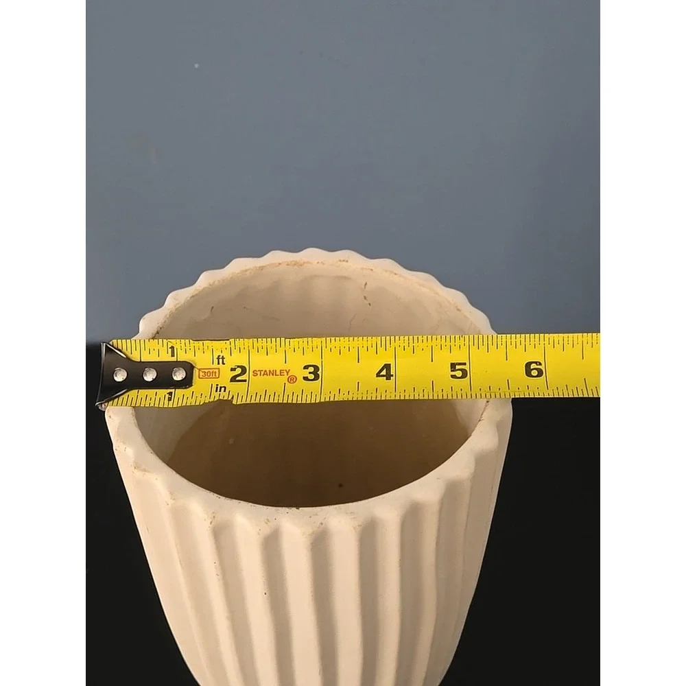 West Elm Planter Vase Textured Fluted Stoneware White Glaze Retired 11.5